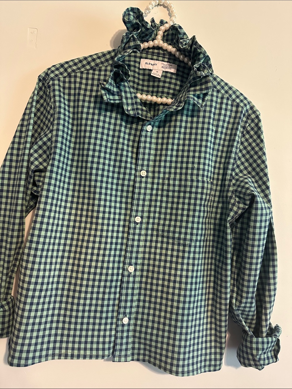 Old Navy Green & Navy Gingham Ruffled collar Shirt